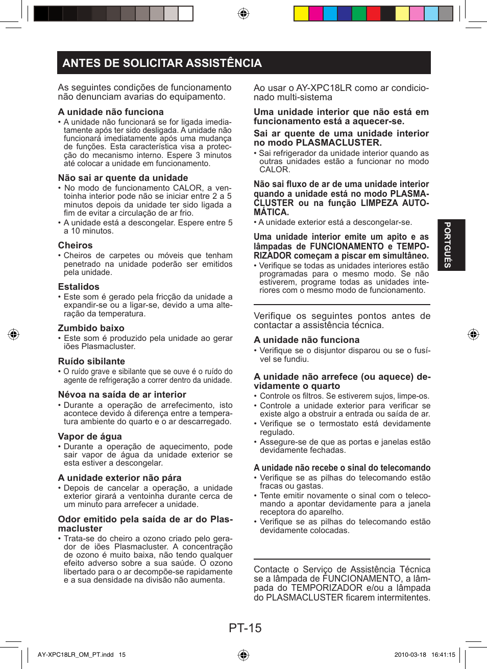 Pt-15, Antes de solicitar assistência | Sharp AY-XP24LR - AE-X24LR User Manual | Page 65 / 164