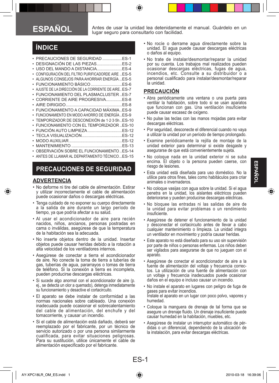 Español, Es-1, Índice | Precauciones de seguridad | Sharp AY-XP24LR - AE-X24LR User Manual | Page 67 / 164