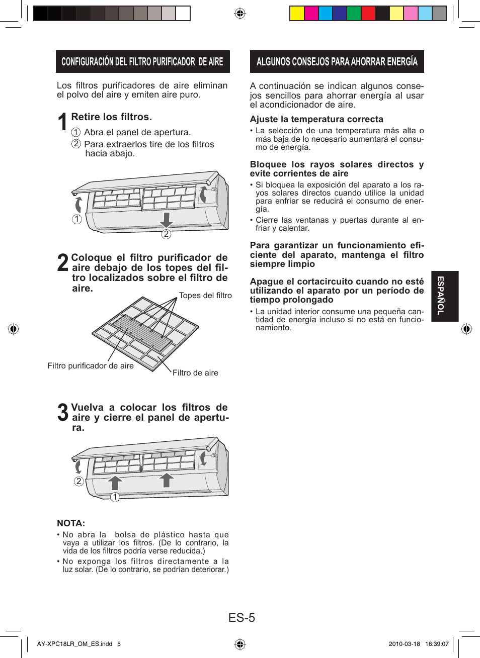 Es-5, Configuración del filtro purificador de aire, Algunos consejos para ahorrar energía | Sharp AY-XP24LR - AE-X24LR User Manual | Page 71 / 164