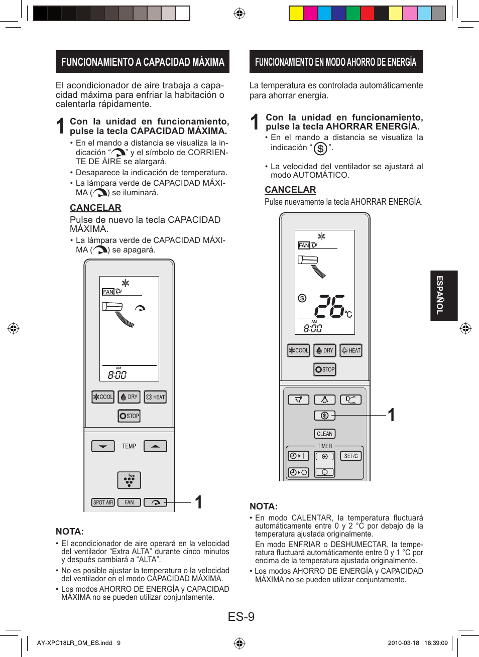 Es-9, Funcionamiento a capacidad máxima, Funcionamiento en modo ahorro de energía | Sharp AY-XP24LR - AE-X24LR User Manual | Page 75 / 164