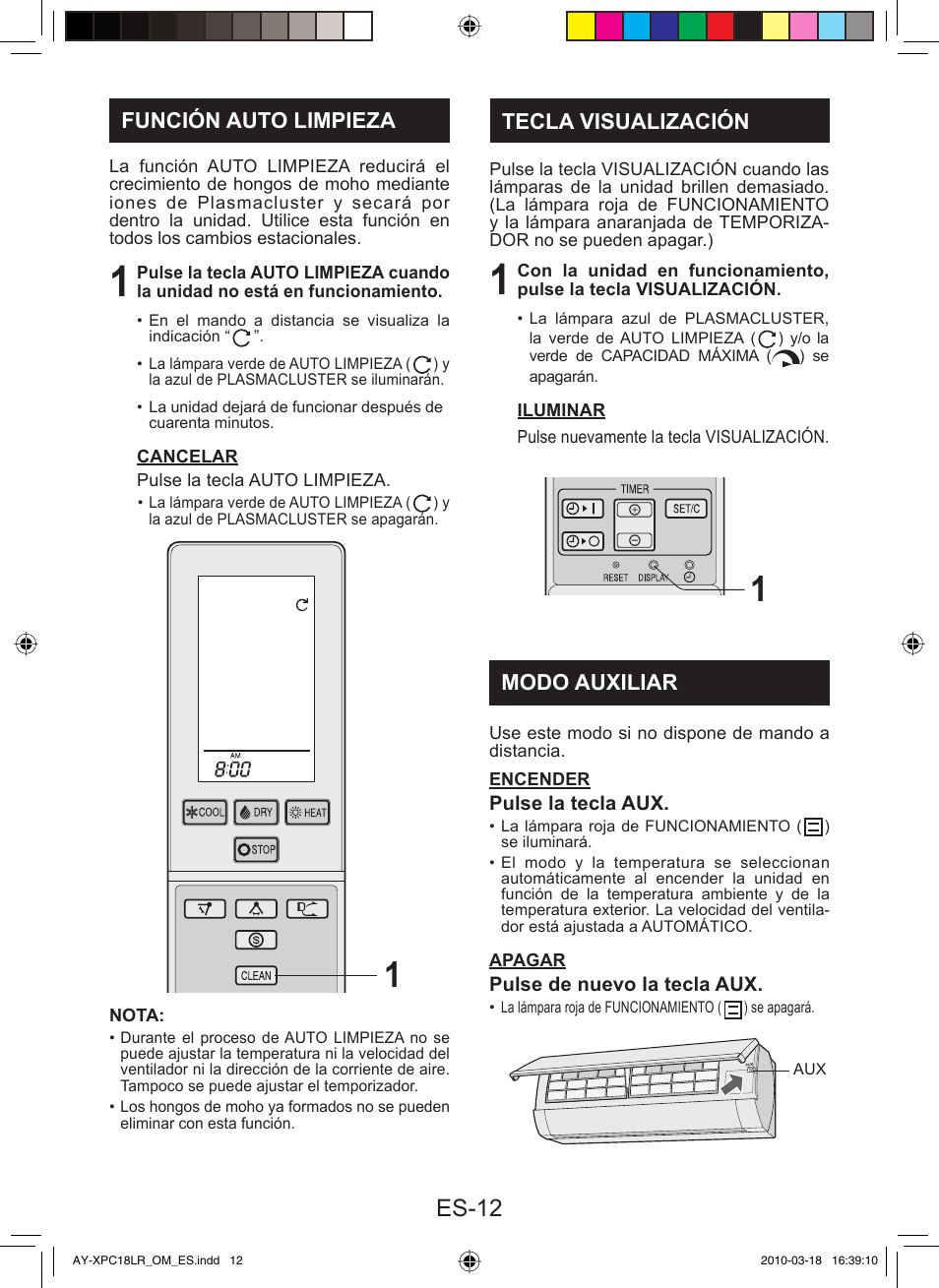 Es-12, Función auto limpieza, Tecla visualización | Modo auxiliar | Sharp AY-XP24LR - AE-X24LR User Manual | Page 78 / 164