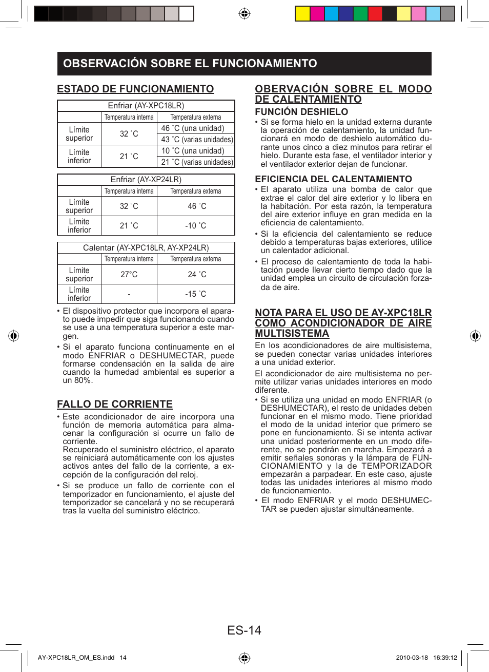 Es-14, Observación sobre el funcionamiento, Estado de funcionamiento | Fallo de corriente, Obervación sobre el modo de calentamiento | Sharp AY-XP24LR - AE-X24LR User Manual | Page 80 / 164