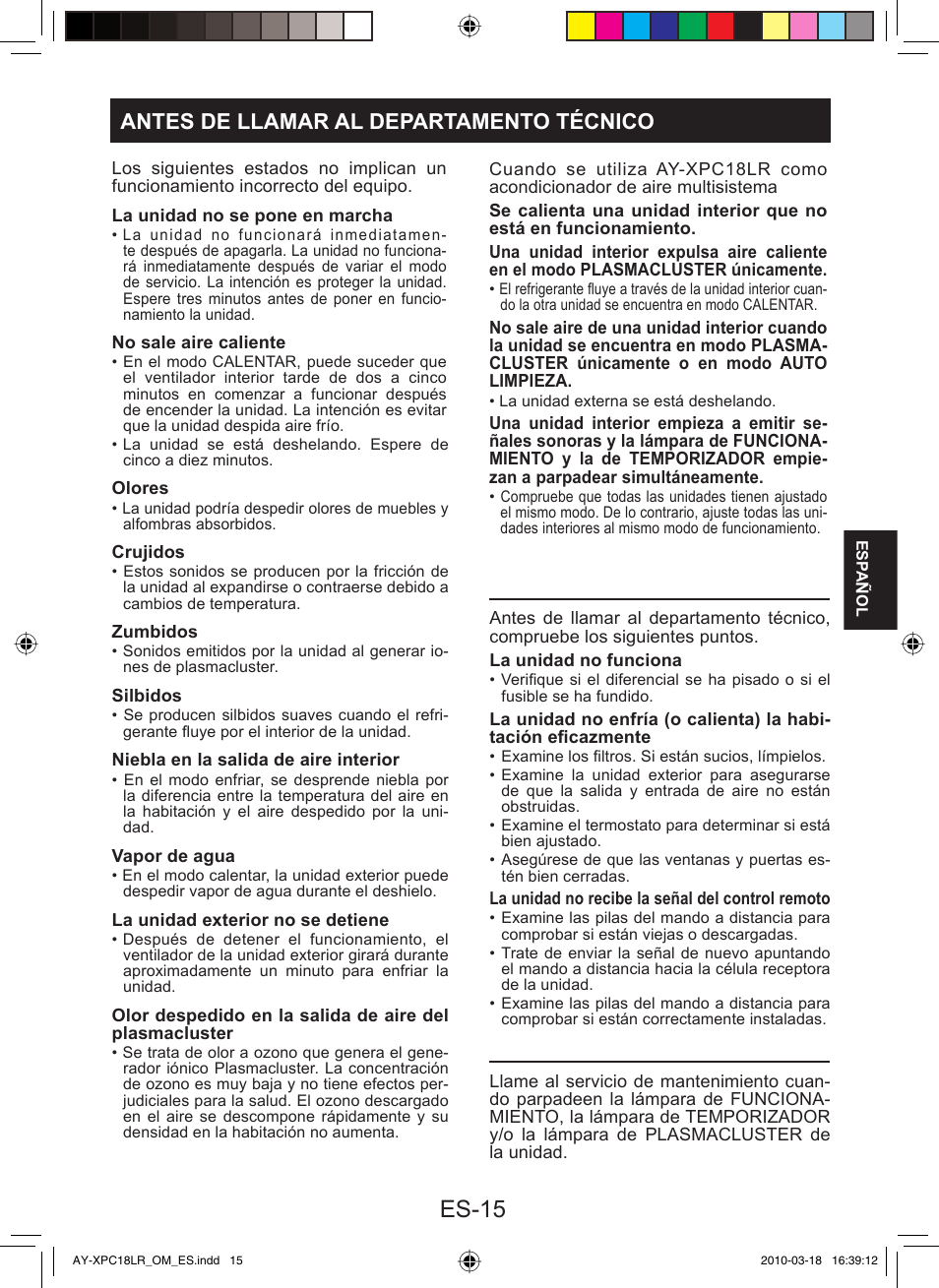 Es-15, Antes de llamar al departamento técnico | Sharp AY-XP24LR - AE-X24LR User Manual | Page 81 / 164