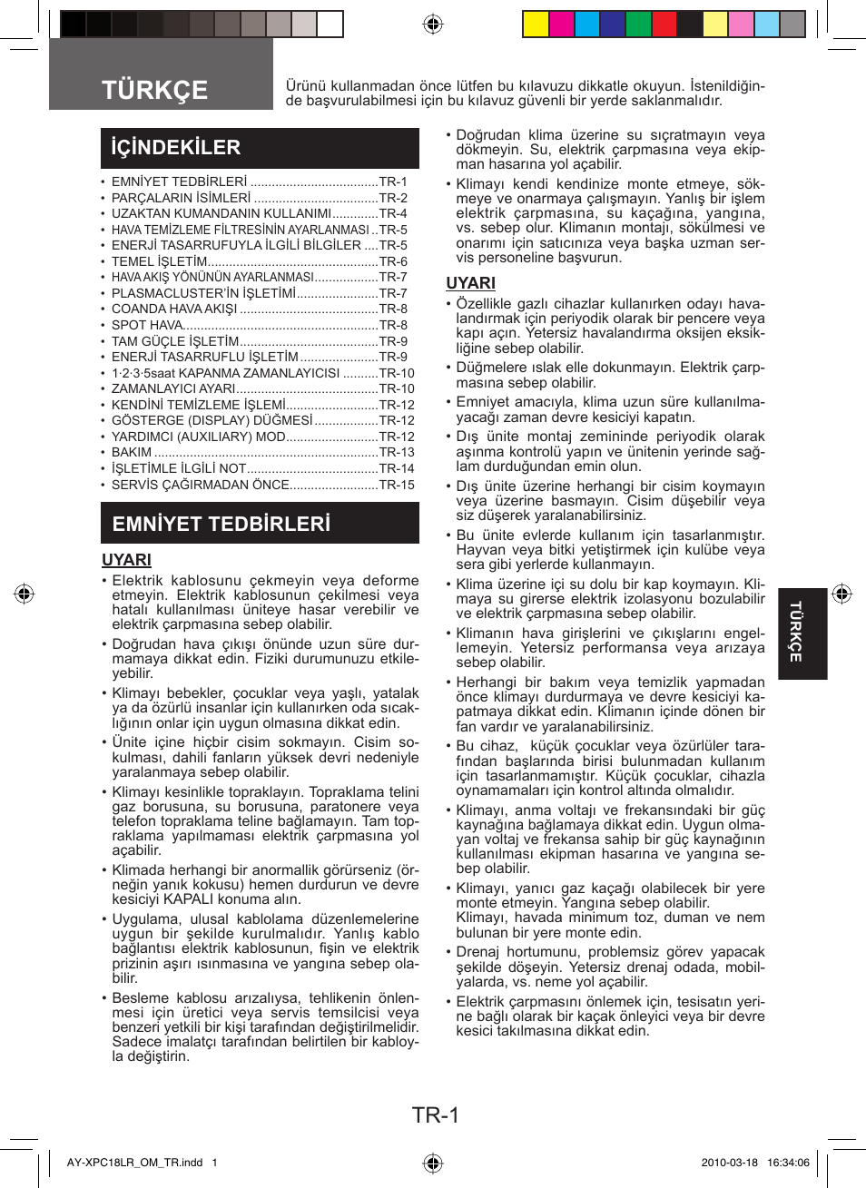 Türkçe, Tr-1, Içindekiler | Emniyet tedbirleri | Sharp AY-XP24LR - AE-X24LR User Manual | Page 83 / 164