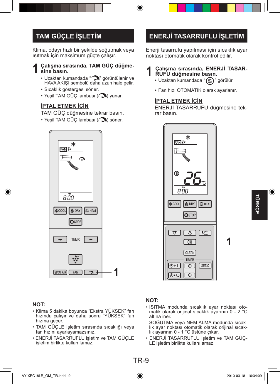 Tr-9, Tam güçle işletim, Enerji tasarruflu işletim | Sharp AY-XP24LR - AE-X24LR User Manual | Page 91 / 164