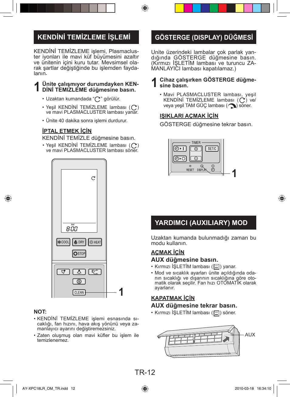 Tr-12, Kendini temizleme işlemi, Gösterge (display) düğmesi | Yardimci (auxiliary) mod | Sharp AY-XP24LR - AE-X24LR User Manual | Page 94 / 164