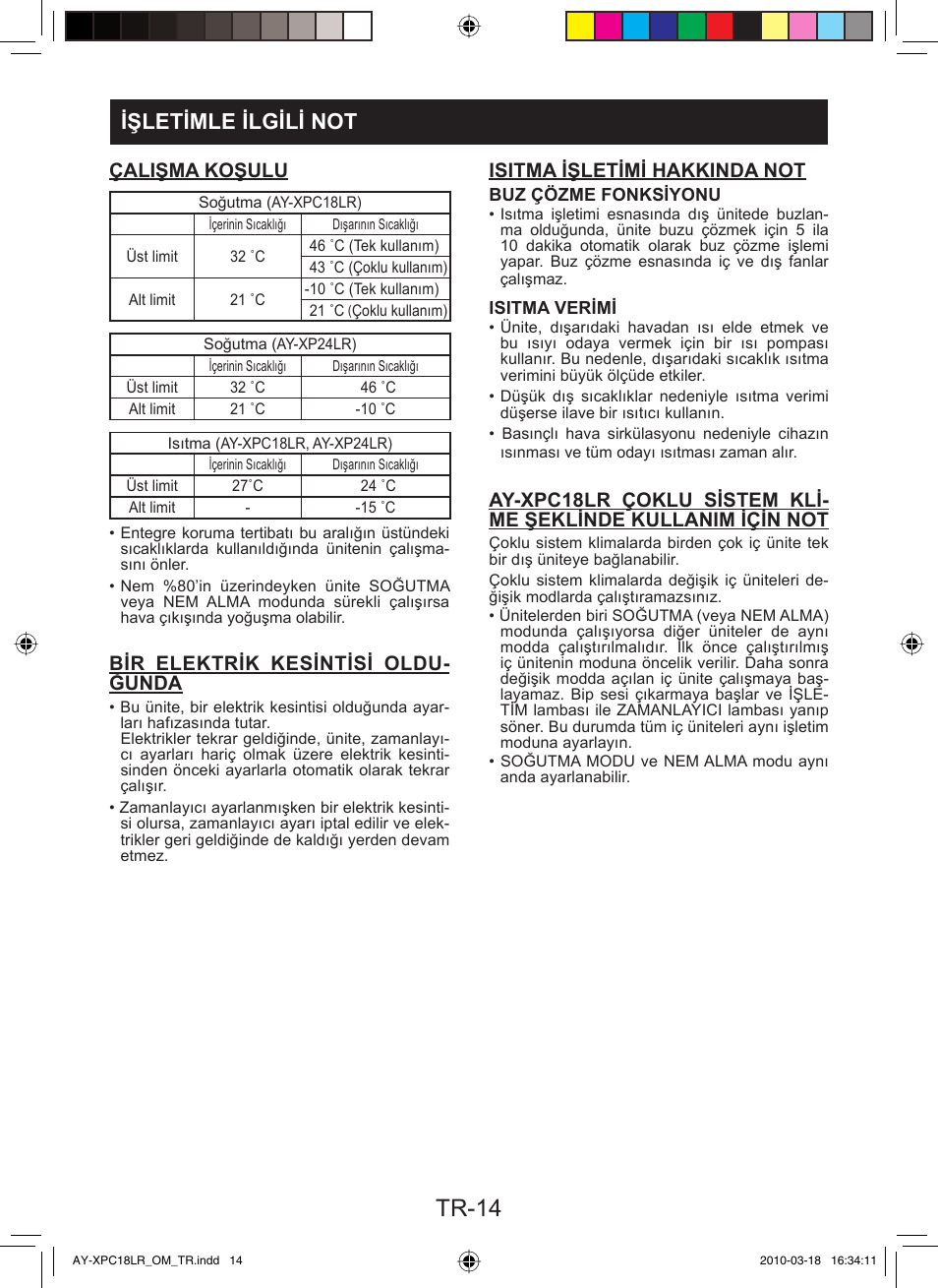 Tr-14, Işletimle ilgili not, Çalişma koşulu | Bir elektrik kesintisi oldu- ğunda, Isitma işletimi hakkinda not | Sharp AY-XP24LR - AE-X24LR User Manual | Page 96 / 164