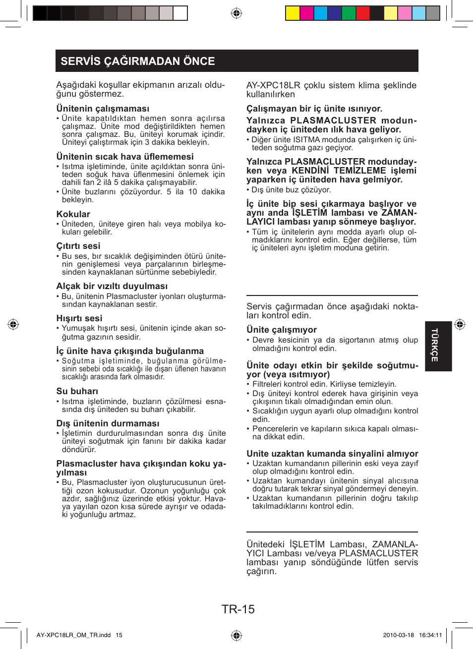 Tr-15, Servis çağirmadan önce | Sharp AY-XP24LR - AE-X24LR User Manual | Page 97 / 164