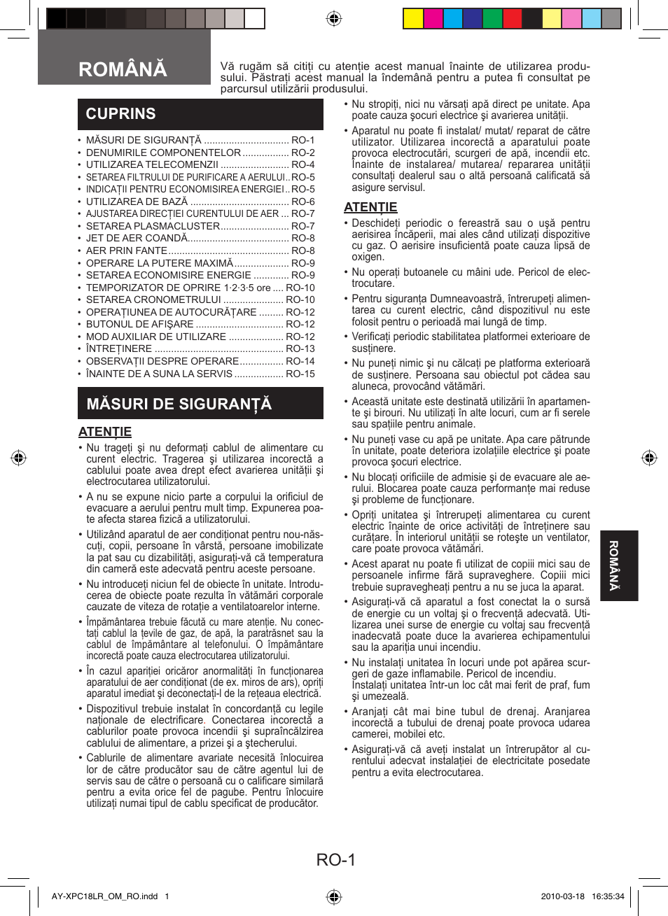 Română, Ro-1, Cuprins | Măsuri de siguranţă | Sharp AY-XP24LR - AE-X24LR User Manual | Page 99 / 164