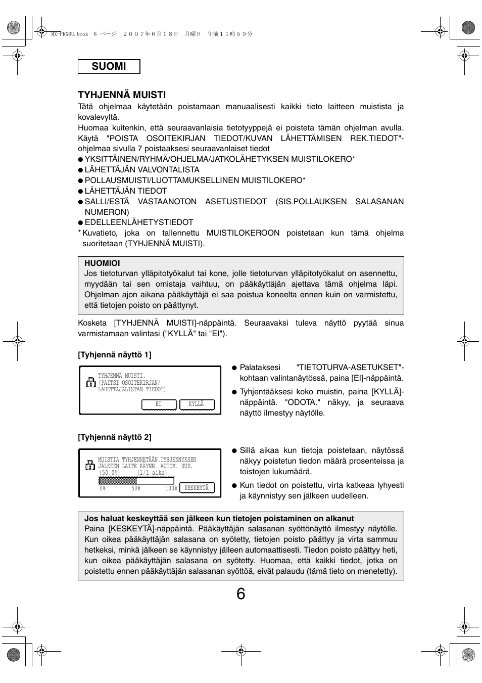 Suomi, Tyhjennä muisti | Sharp Moduł ochrony danych User Manual | Page 104 / 196