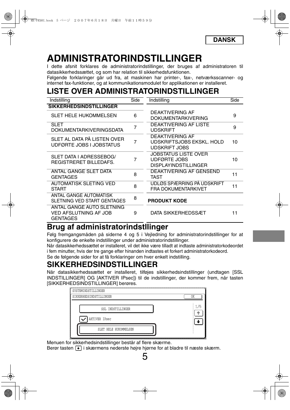 Administratorindstillinger, Sikkerhedsindstillinger, Dansk | Sharp Moduł ochrony danych User Manual | Page 115 / 196