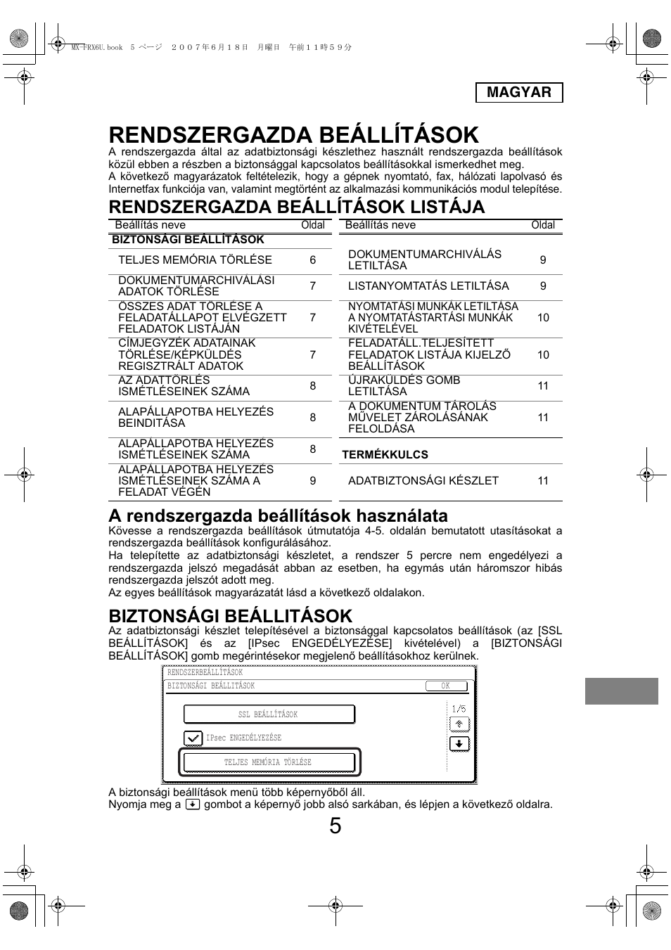 Rendszergazda beállítások, Biztonsági beállitások, Magyar | Sharp Moduł ochrony danych User Manual | Page 151 / 196