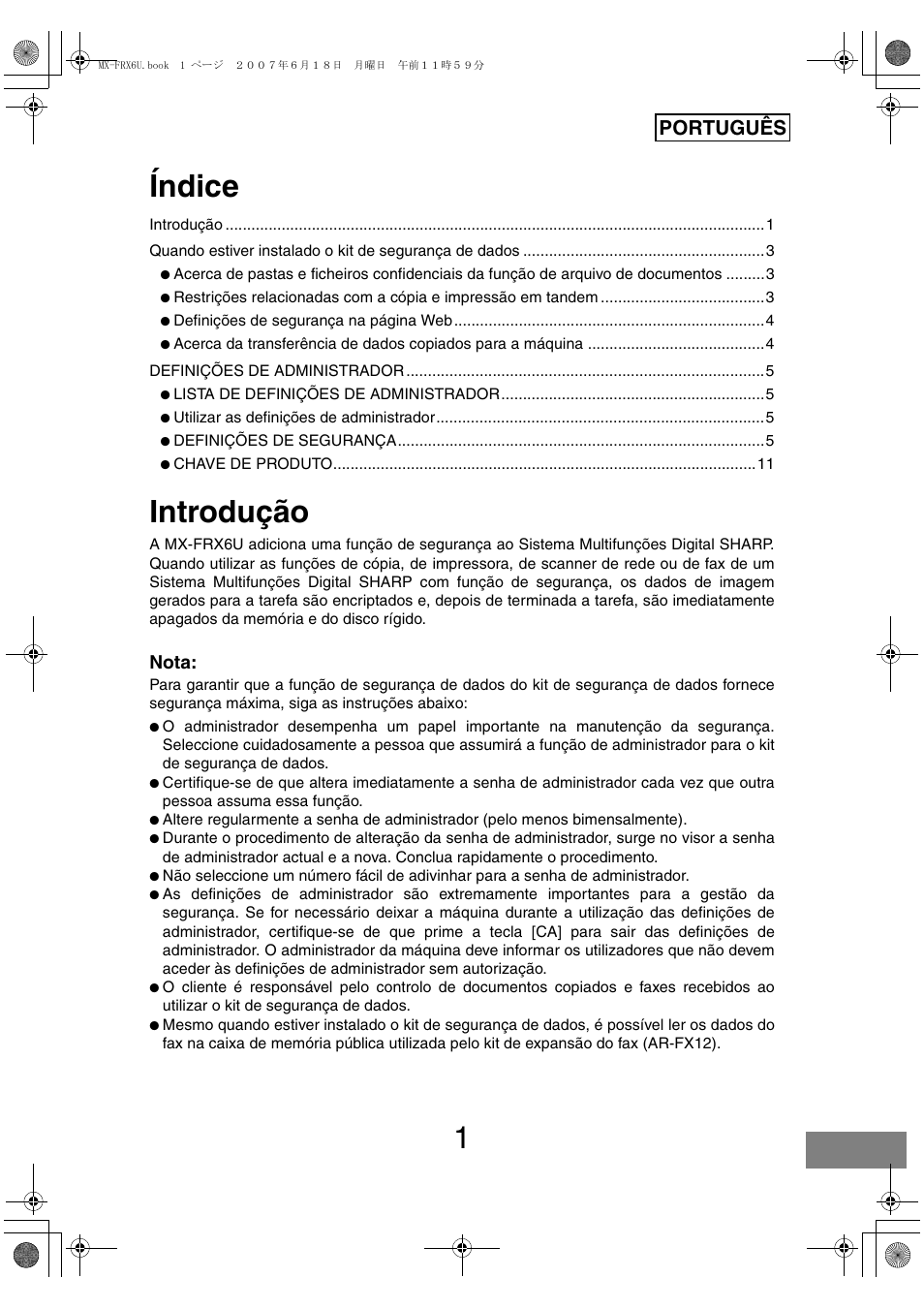 Índice, Introdução, Português | Nota | Sharp Moduł ochrony danych User Manual | Page 183 / 196