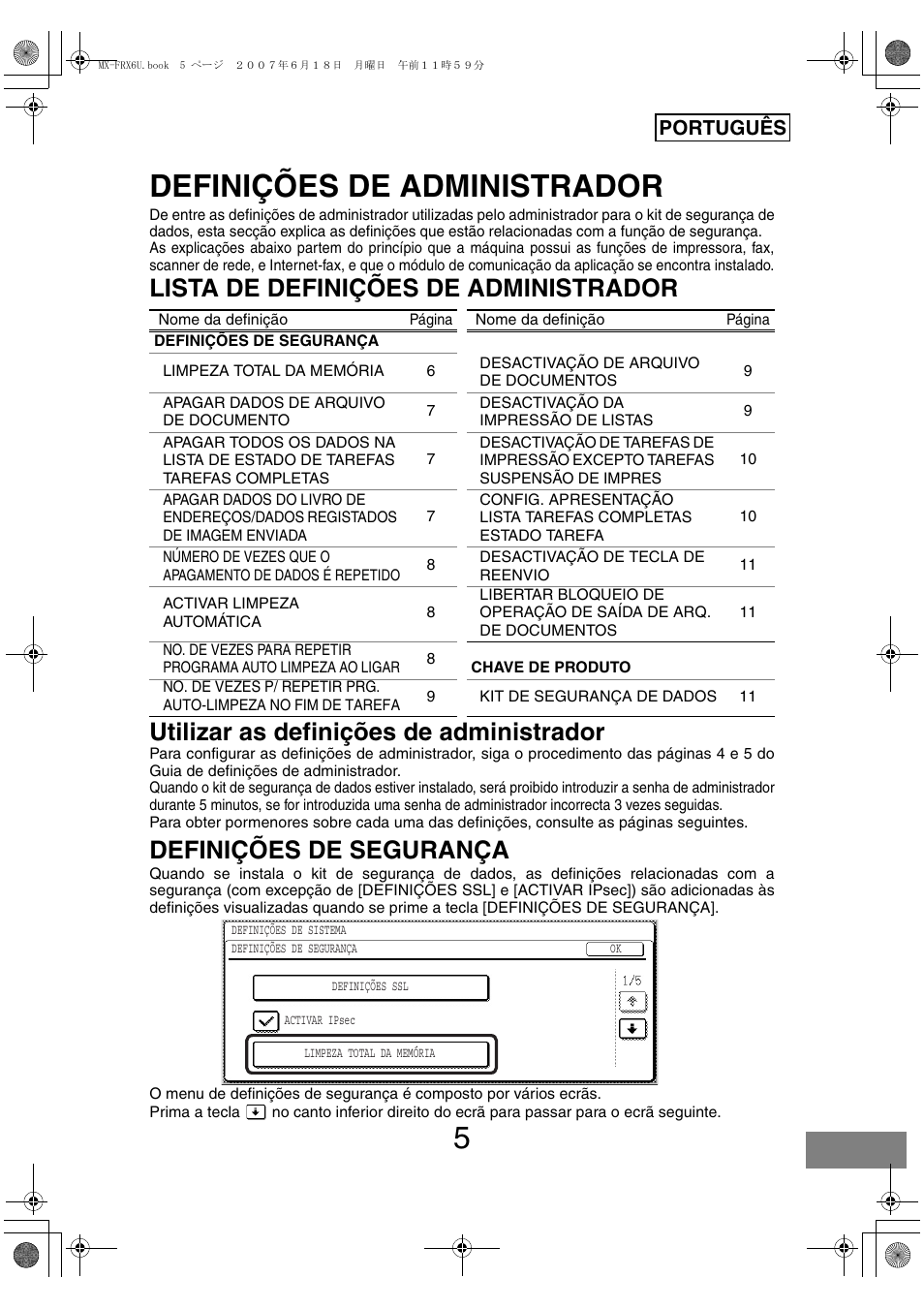 Definições de administrador, Definições de segurança, Português | Sharp Moduł ochrony danych User Manual | Page 187 / 196