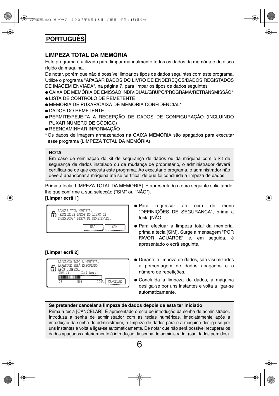 Português, Limpeza total da memória | Sharp Moduł ochrony danych User Manual | Page 188 / 196