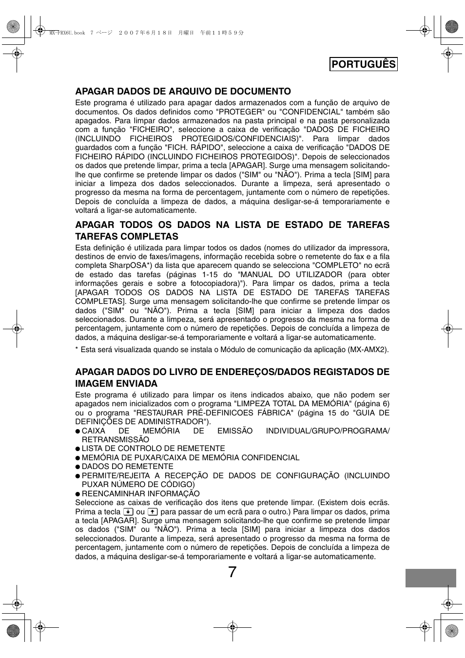 Português, Apagar dados de arquivo de documento | Sharp Moduł ochrony danych User Manual | Page 189 / 196