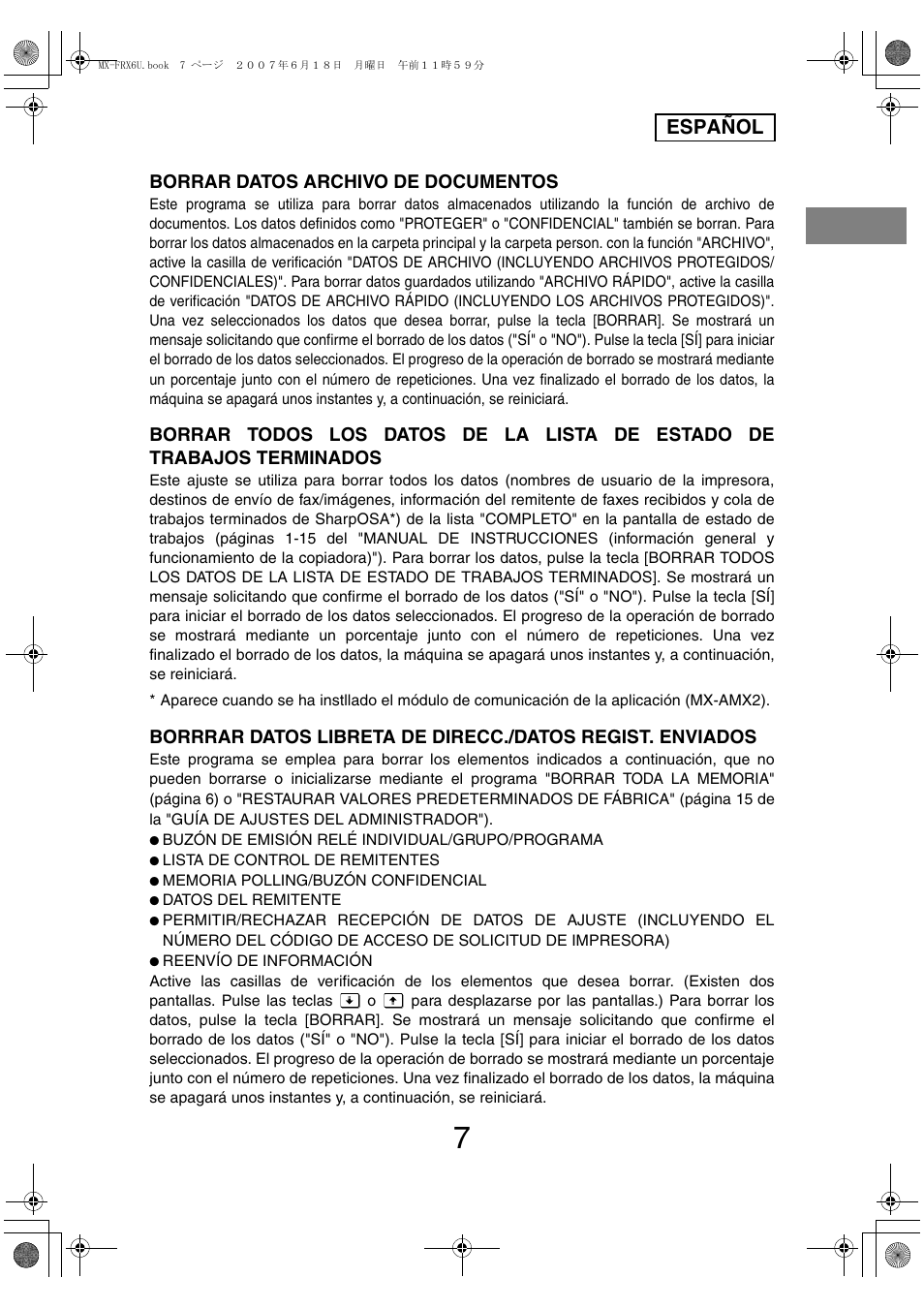 Español, Borrar datos archivo de documentos | Sharp Moduł ochrony danych User Manual | Page 21 / 196
