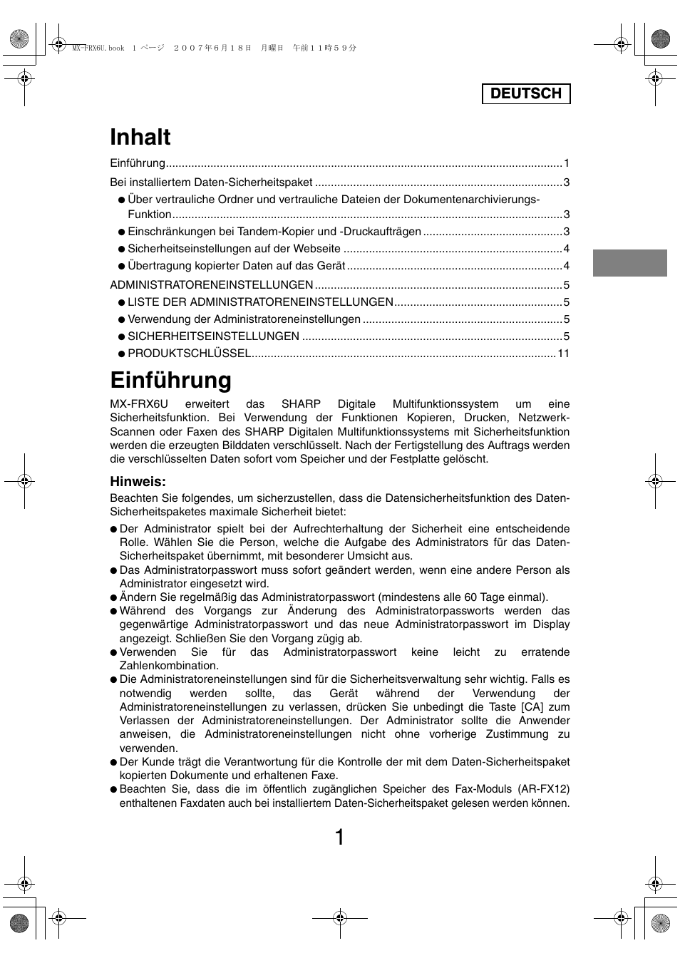 Inhalt, Einführung, Deutsch | Hinweis | Sharp Moduł ochrony danych User Manual | Page 39 / 196