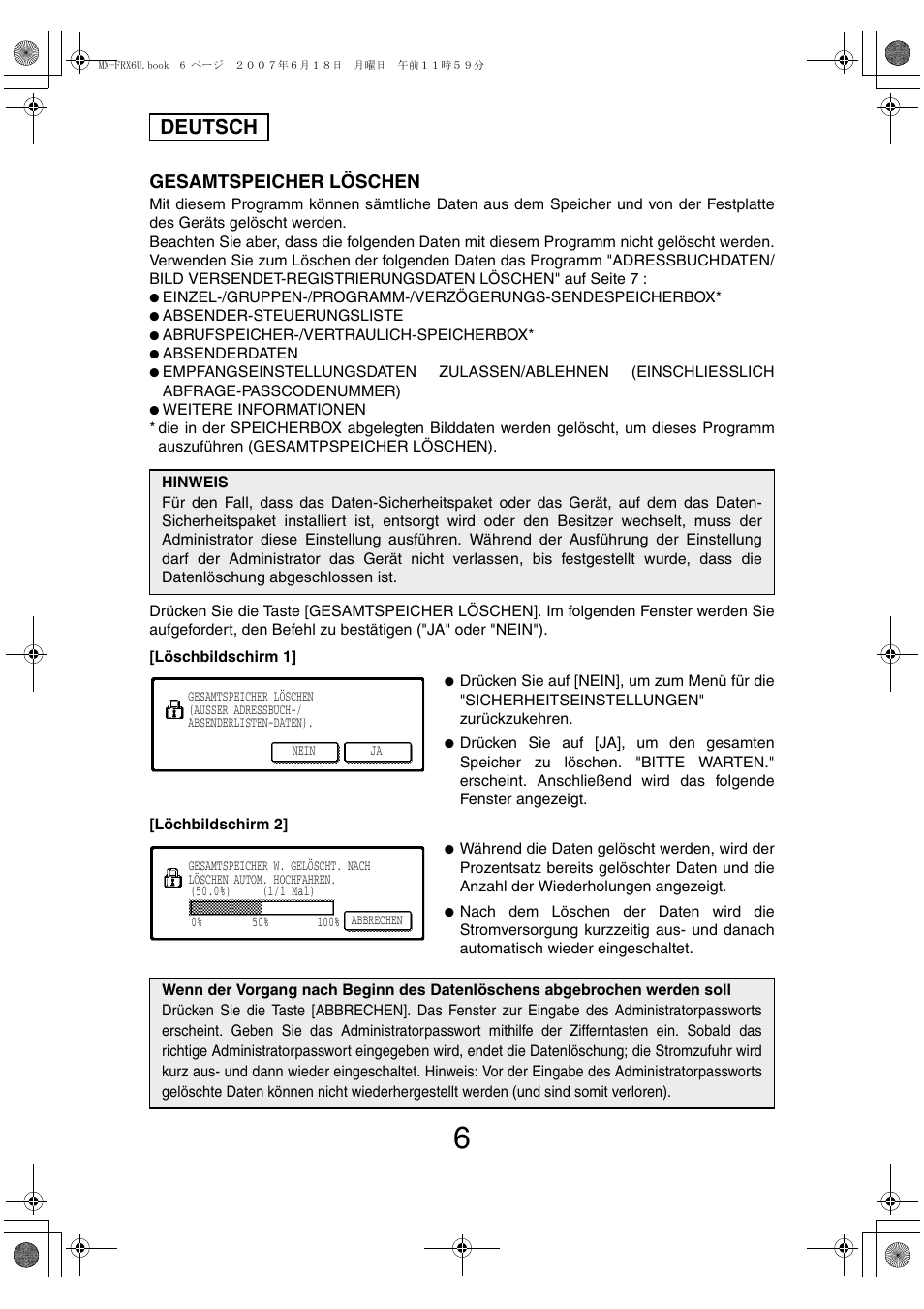 Deutsch, Gesamtspeicher löschen | Sharp Moduł ochrony danych User Manual | Page 44 / 196