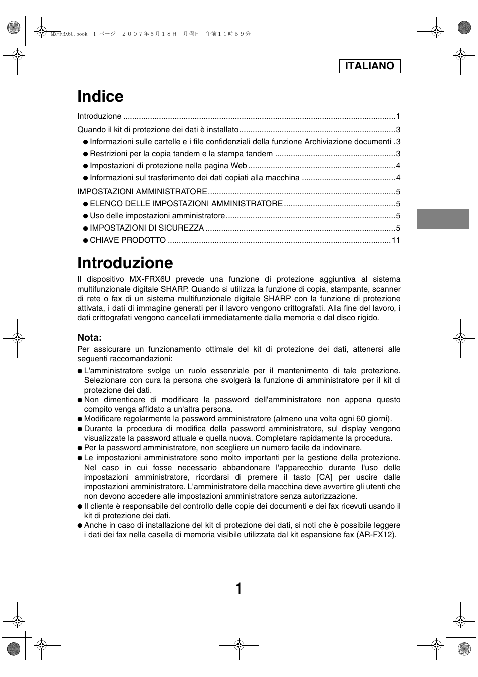 Indice, Introduzione, Italiano | Nota | Sharp Moduł ochrony danych User Manual | Page 51 / 196