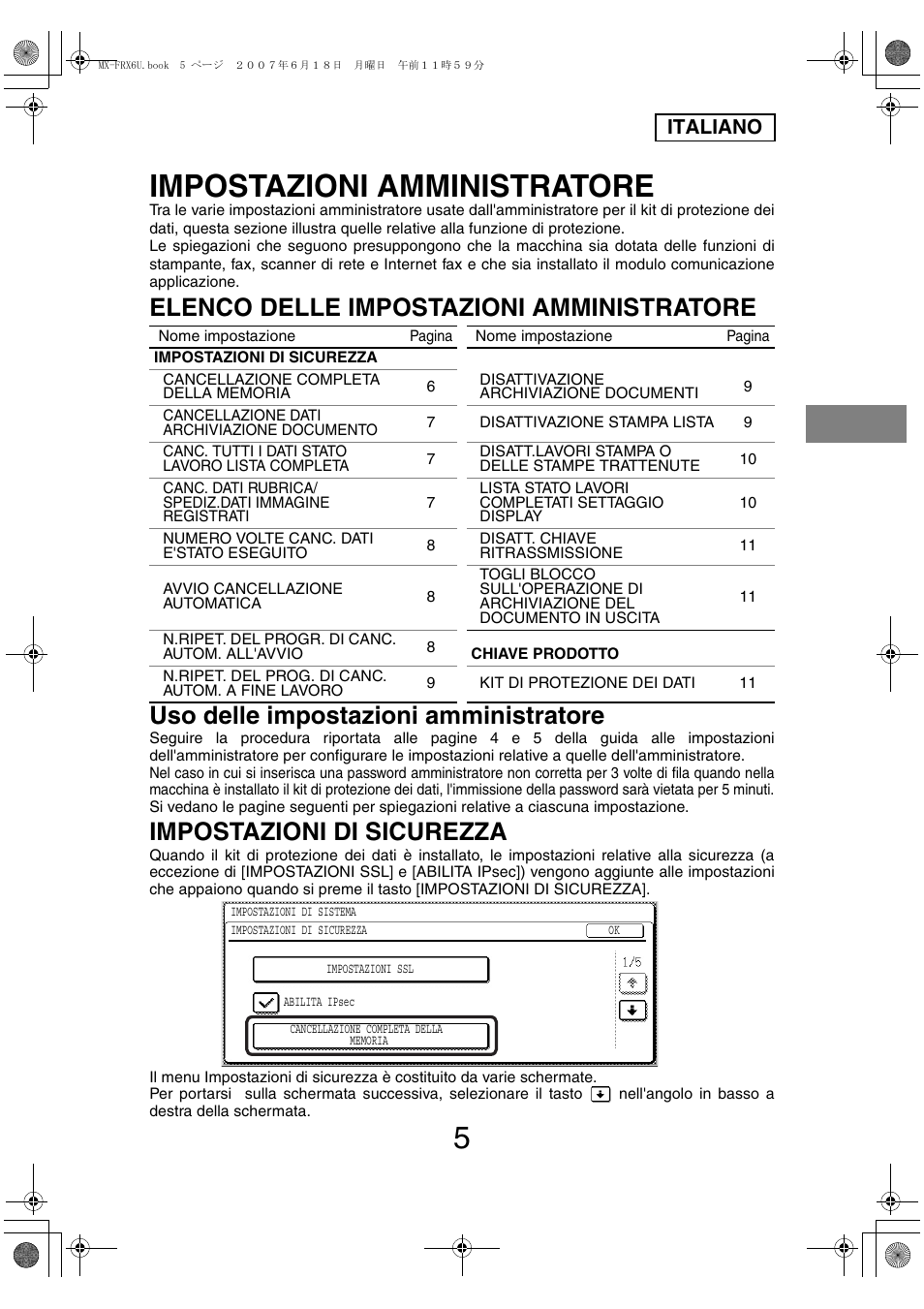 Impostazioni amministratore, Impostazioni di sicurezza, Italiano | Sharp Moduł ochrony danych User Manual | Page 55 / 196