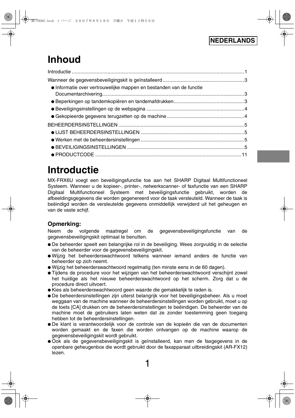 Inhoud, Introductie, Nederlands | Opmerking | Sharp Moduł ochrony danych User Manual | Page 63 / 196