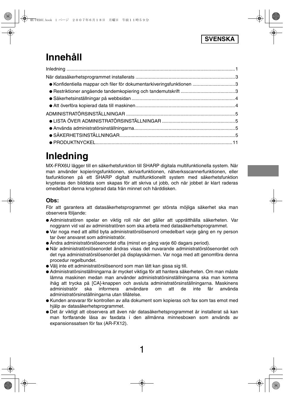 Innehåll, Inledning, Svenska | Sharp Moduł ochrony danych User Manual | Page 75 / 196