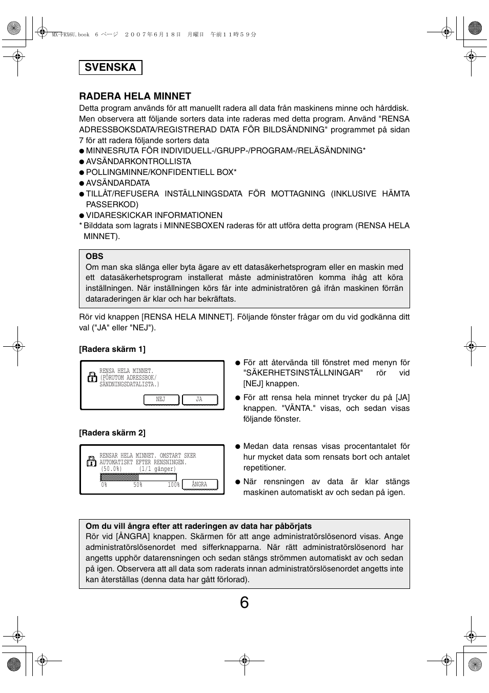 Svenska, Radera hela minnet | Sharp Moduł ochrony danych User Manual | Page 80 / 196