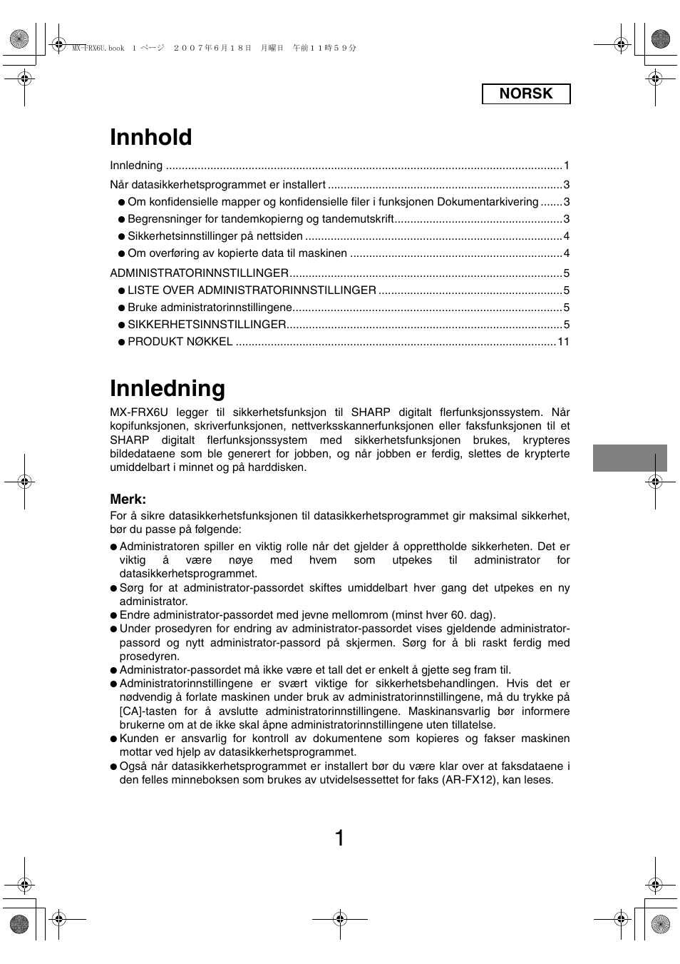 Innhold, Innledning, Norsk | Merk | Sharp Moduł ochrony danych User Manual | Page 87 / 196