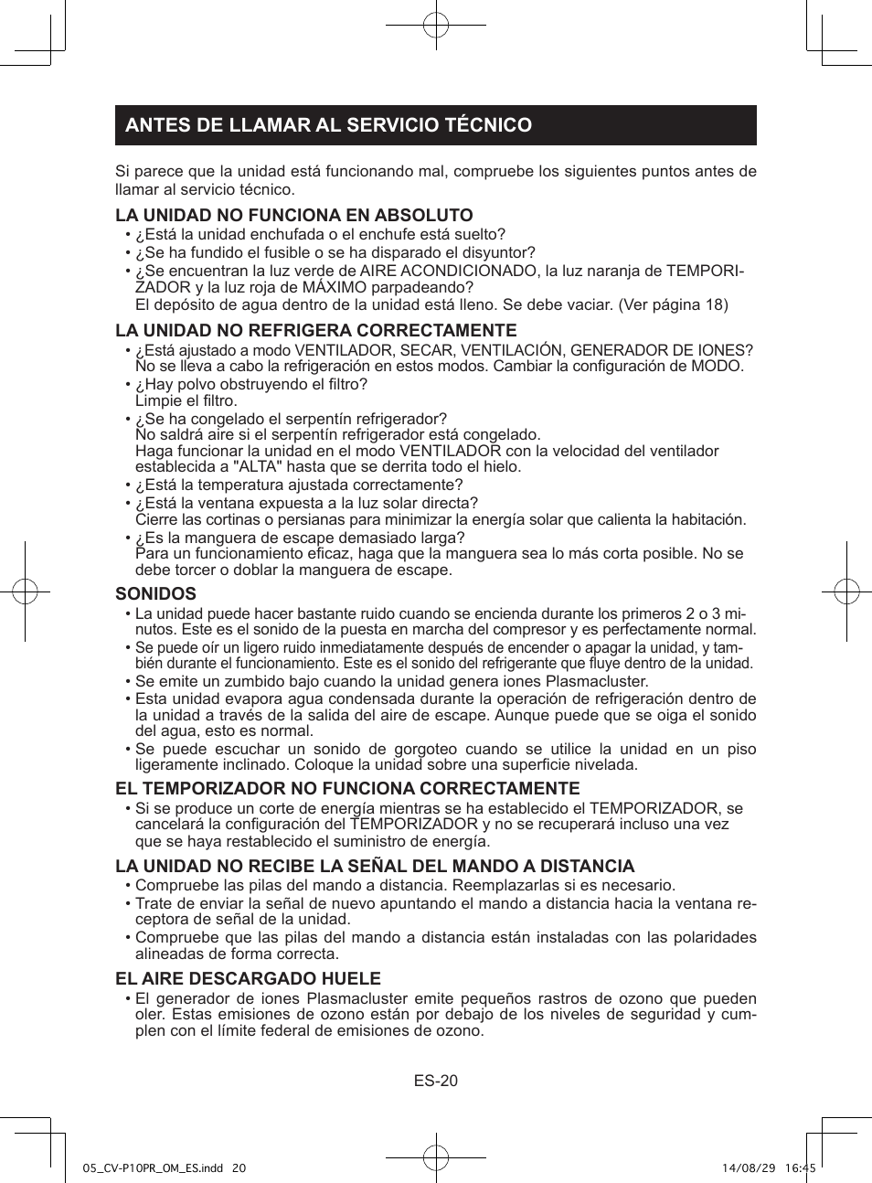 Antes de llamar al servicio técnico | Sharp CV-P10PR User Manual | Page 110 / 200