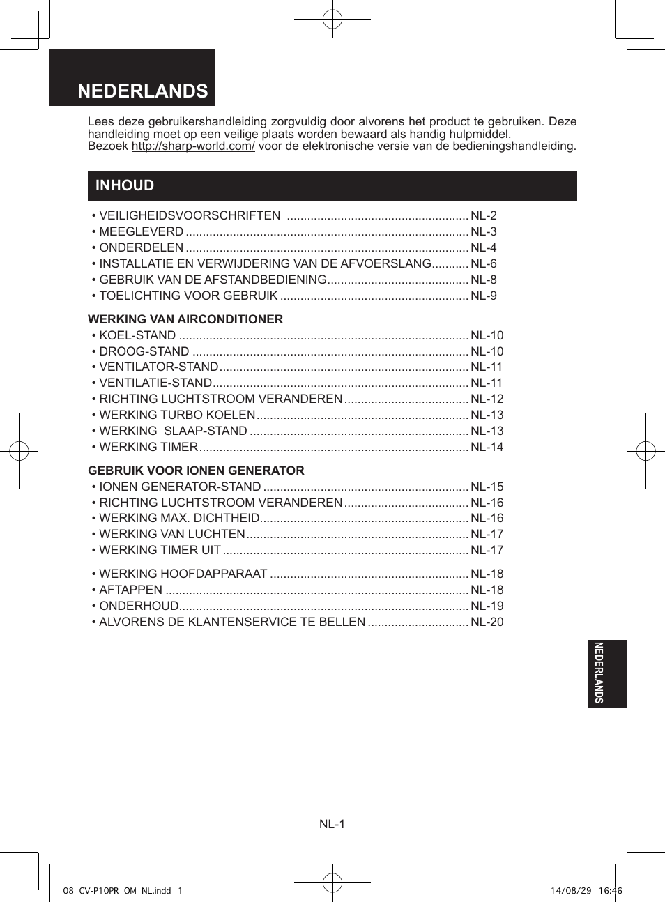 Nederlands, Inhoud | Sharp CV-P10PR User Manual | Page 157 / 200