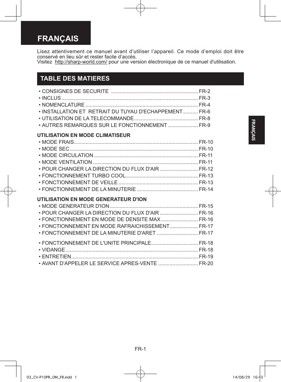 Français, Table des matieres | Sharp CV-P10PR User Manual | Page 47 / 200