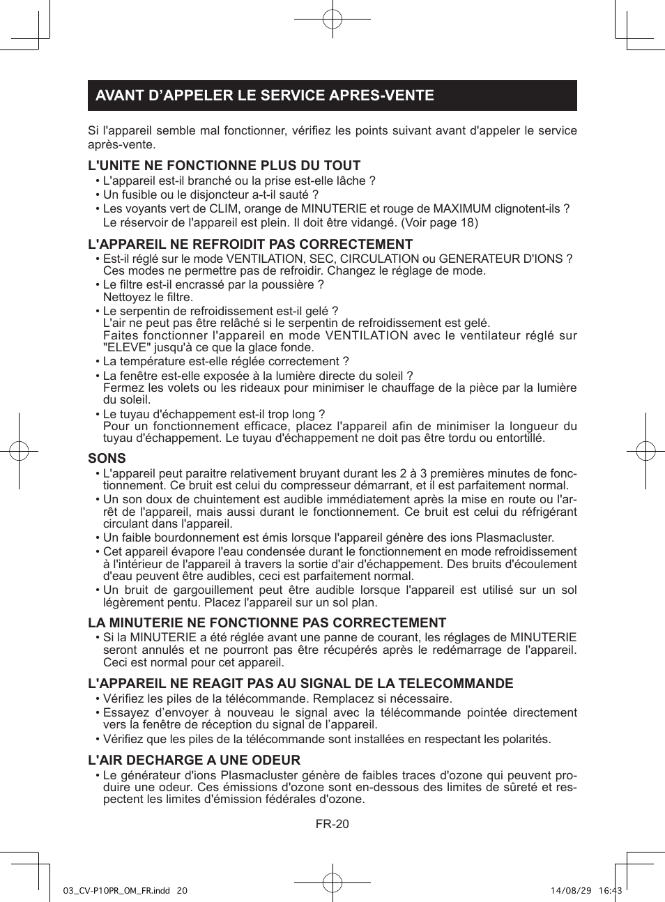 Avant d’appeler le service apres-vente | Sharp CV-P10PR User Manual | Page 66 / 200