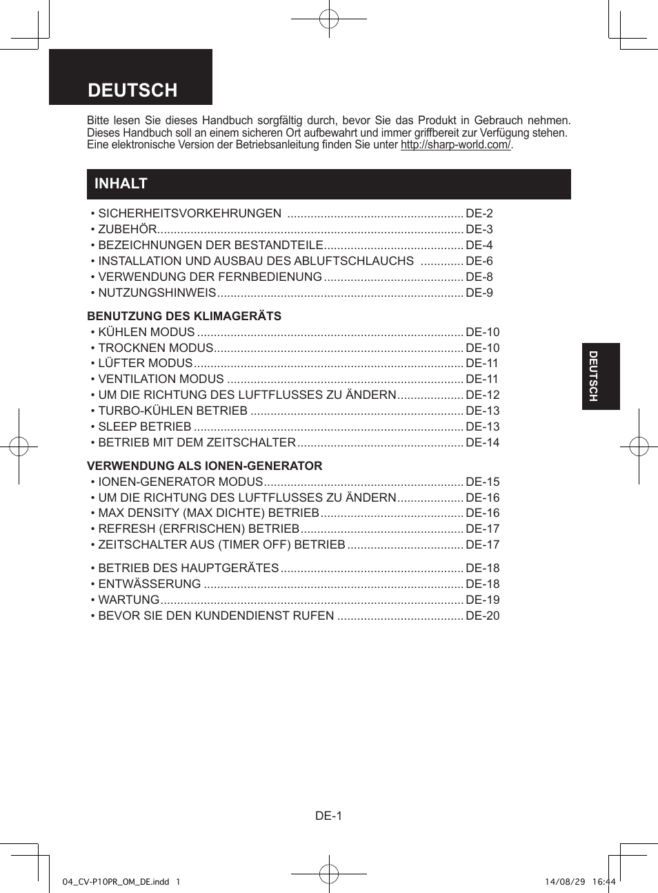 Deutsch, Inhalt | Sharp CV-P10PR User Manual | Page 69 / 200