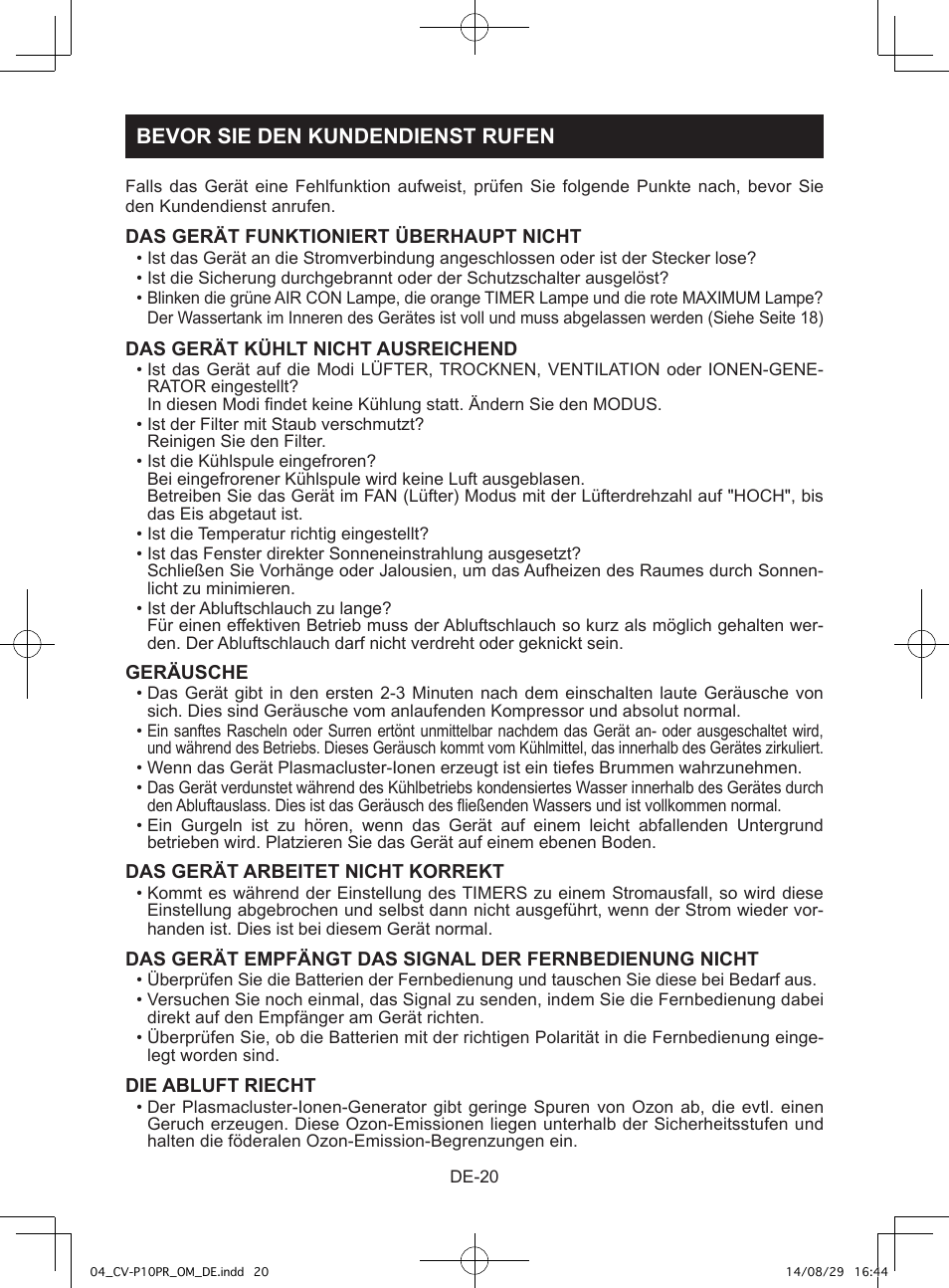 Bevor sie den kundendienst rufen | Sharp CV-P10PR User Manual | Page 88 / 200