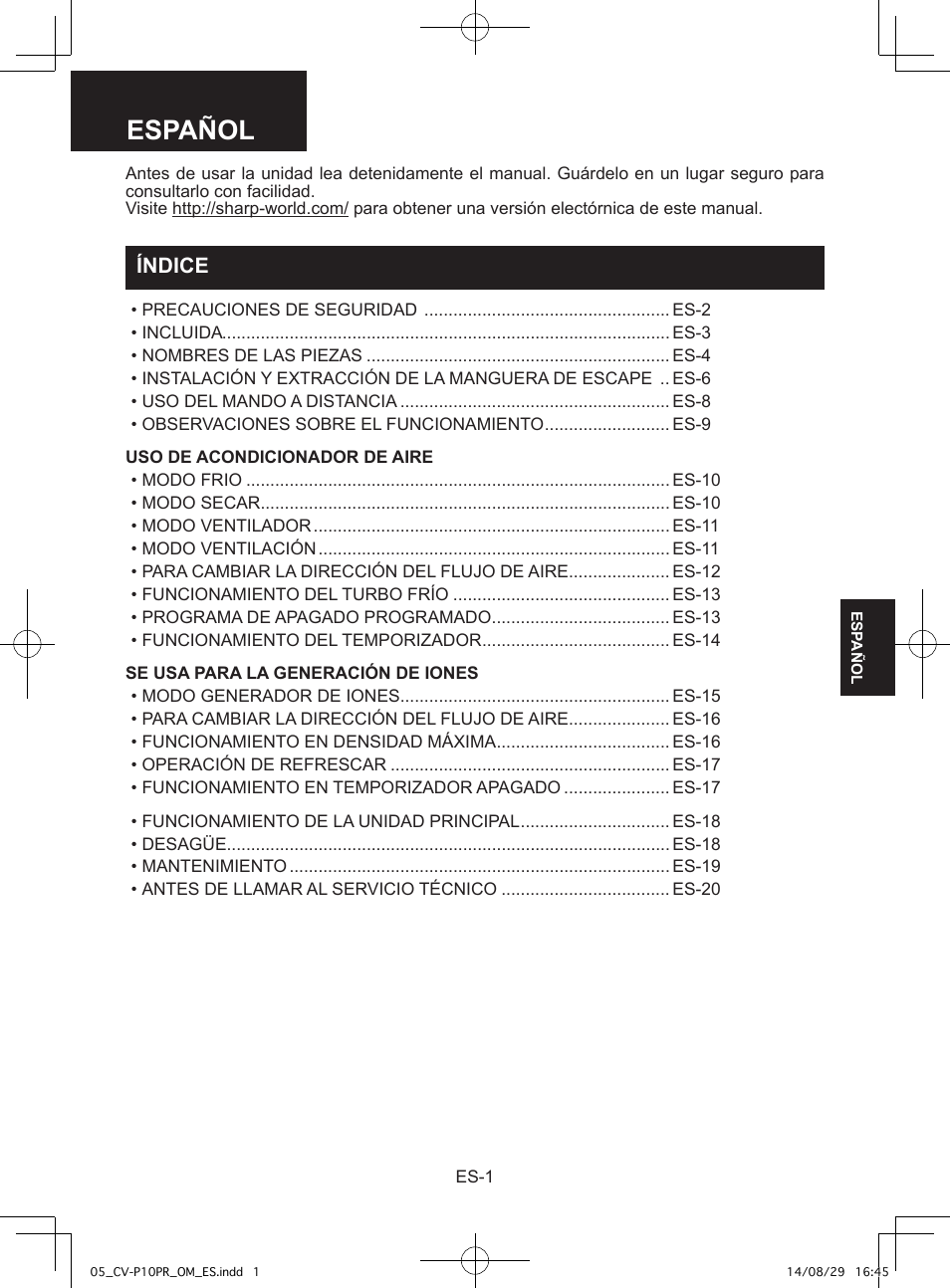 Español, Índice | Sharp CV-P10PR User Manual | Page 91 / 200