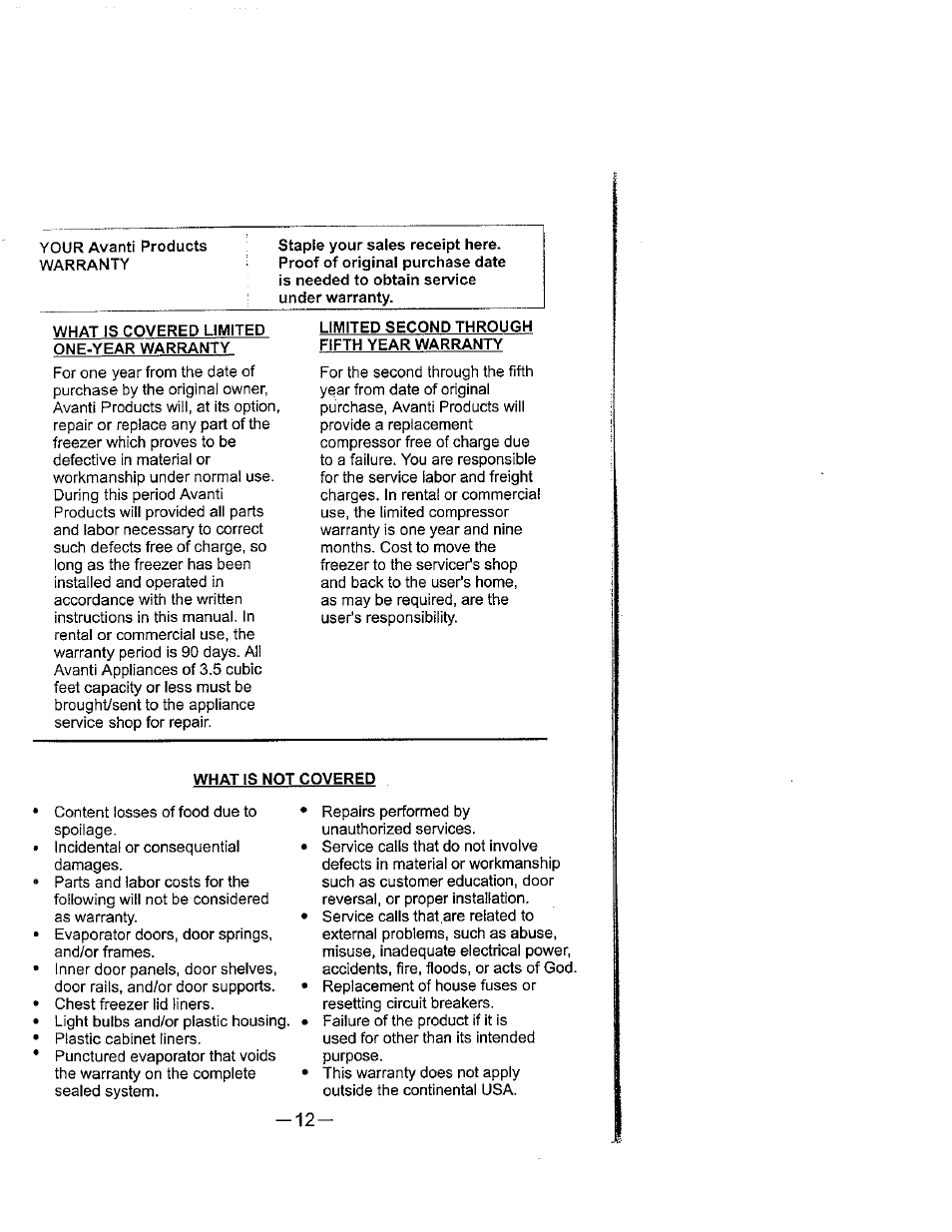 What is covered limited one-year warranty, Limited second through fifth year warranty, What is not covered | Avanti 398VFYW User Manual | Page 13 / 16