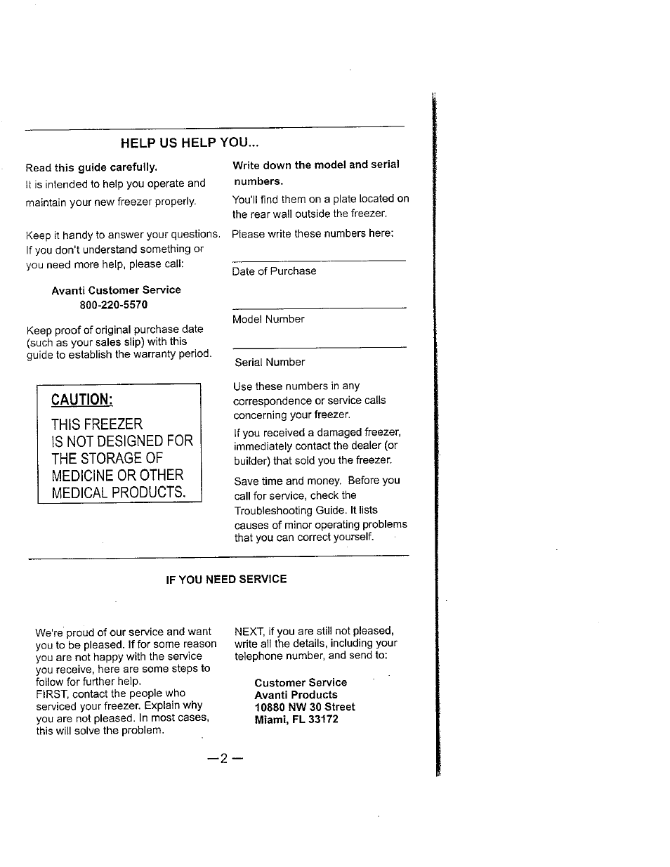 Help us help you, Avanti customer service 800-220-5570, Write down the model and serial numbers | If you need service, Caution | Avanti 398VFYW User Manual | Page 3 / 16