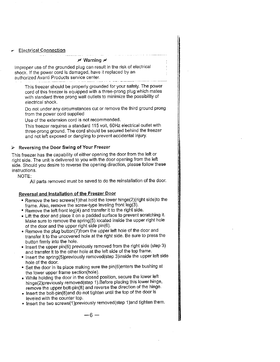 Reversal and installation of the freezer door | Avanti 398VFYW User Manual | Page 7 / 16