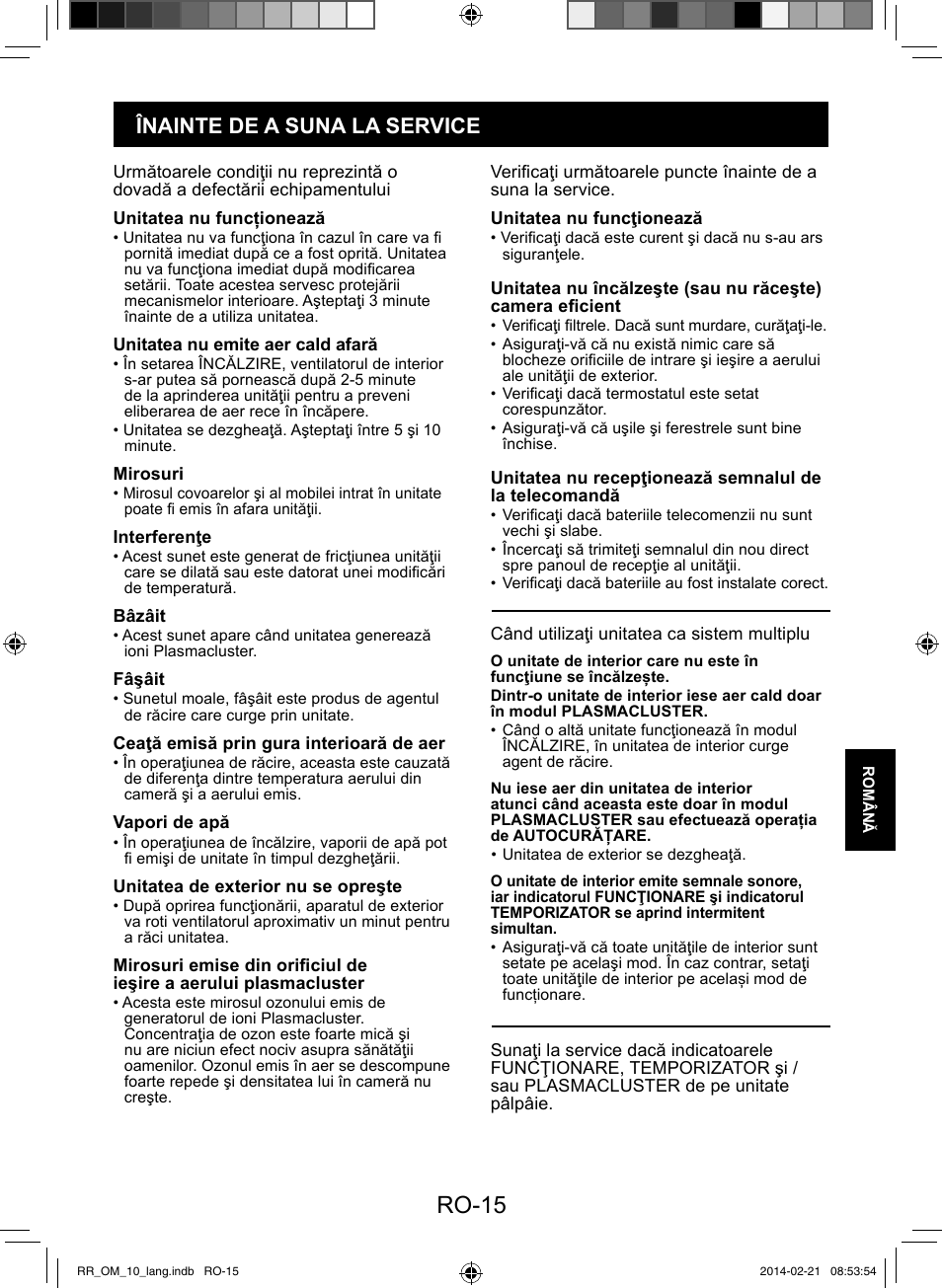 Ro-15, Înainte de a suna la service | Sharp AY-XPC12RR-AE-X12RR User Manual | Page 113 / 164