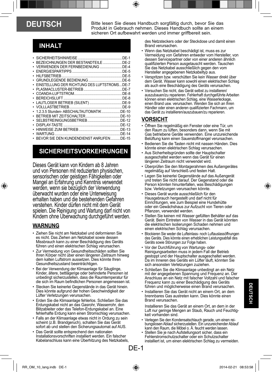 Deutsch, De-1, Warnung | Vorsicht | Sharp AY-XPC12RR-AE-X12RR User Manual | Page 131 / 164