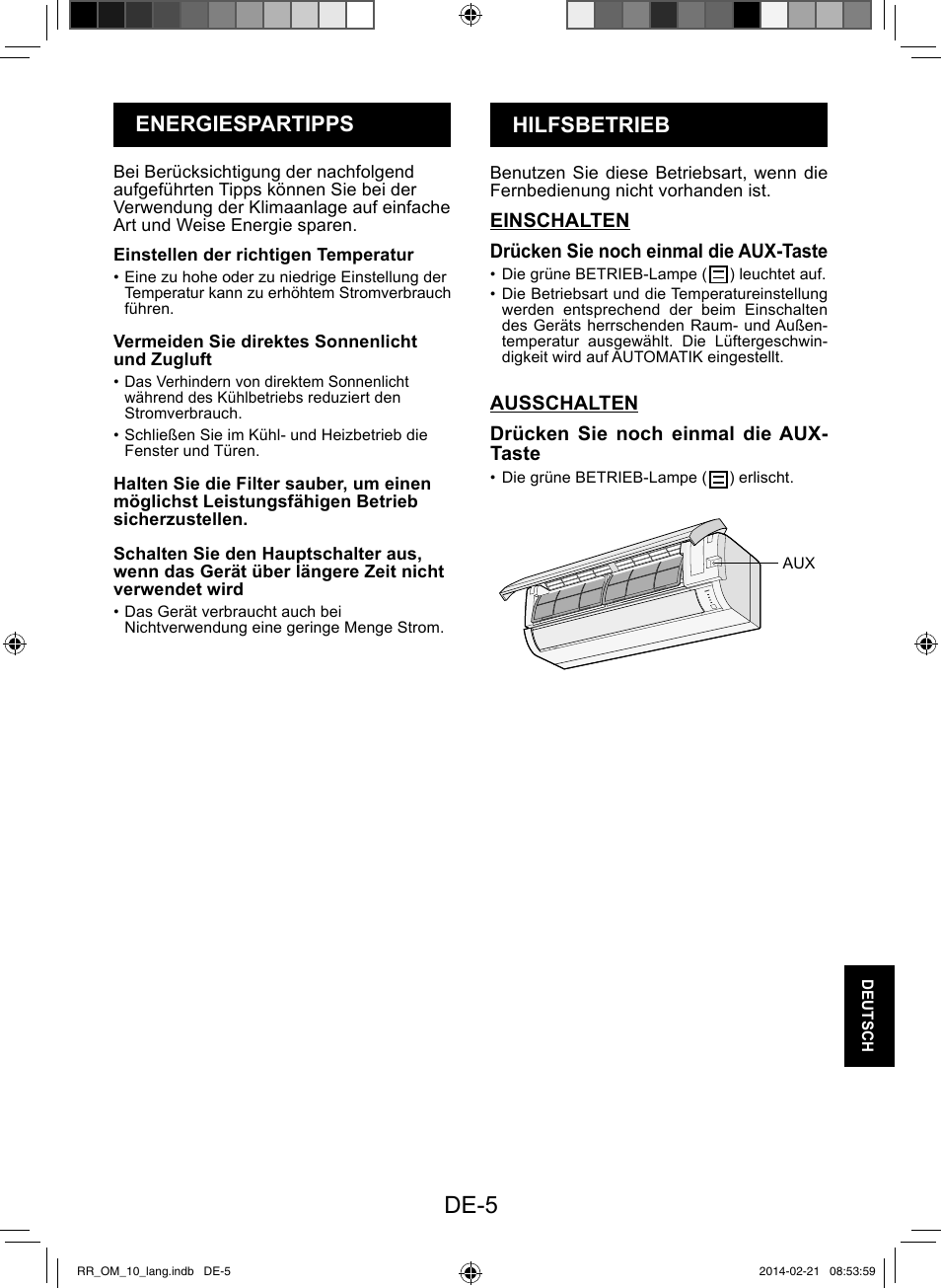 De-5, Hilfsbetrieb energiespartipps | Sharp AY-XPC12RR-AE-X12RR User Manual | Page 135 / 164