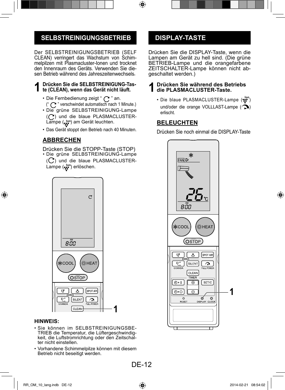 De-12, Selbstreinigungsbetrieb, Display-taste | Sharp AY-XPC12RR-AE-X12RR User Manual | Page 142 / 164