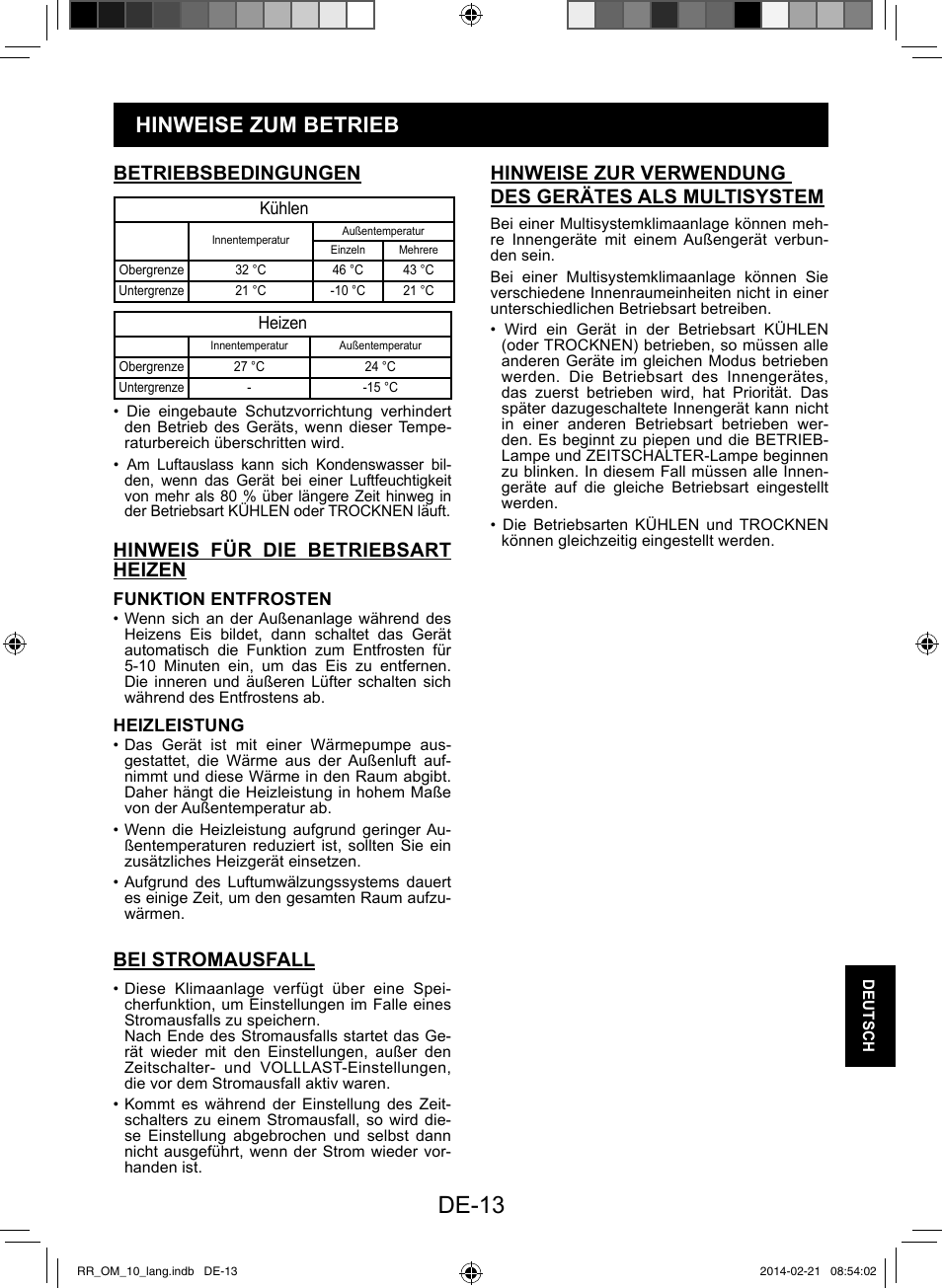De-13, Hinweise zum betrieb, Betriebsbedingungen | Hinweis für die betriebsart heizen, Bei stromausfall | Sharp AY-XPC12RR-AE-X12RR User Manual | Page 143 / 164