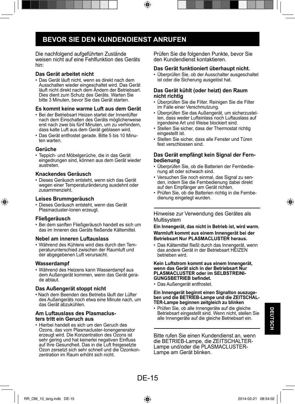 De-15, Bevor sie den kundendienst anrufen | Sharp AY-XPC12RR-AE-X12RR User Manual | Page 145 / 164