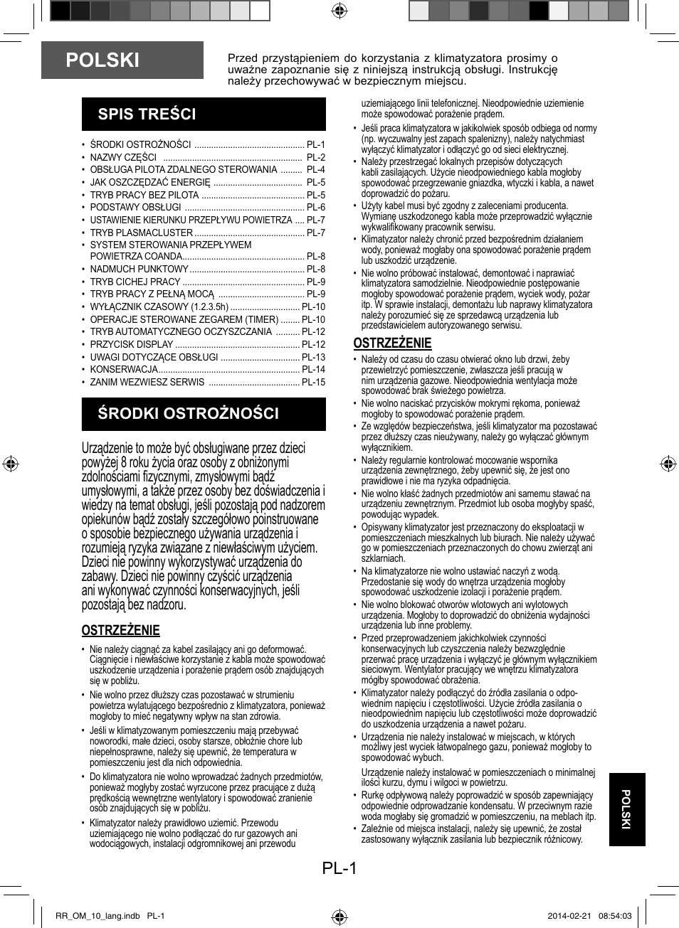 Polski, Pl-1, Ostrzeżenie | Sharp AY-XPC12RR-AE-X12RR User Manual | Page 147 / 164