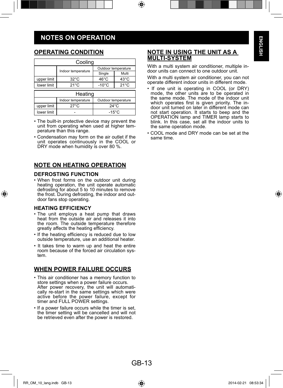 Gb-13, Operating condition, When power failure occurs | Sharp AY-XPC12RR-AE-X12RR User Manual | Page 15 / 164