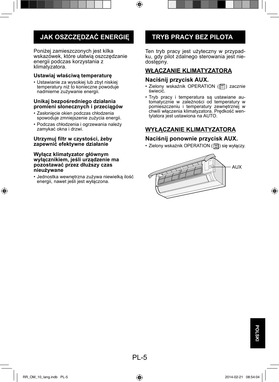 Pl-5, Tryb pracy bez pilota jak oszczędzać energię | Sharp AY-XPC12RR-AE-X12RR User Manual | Page 151 / 164