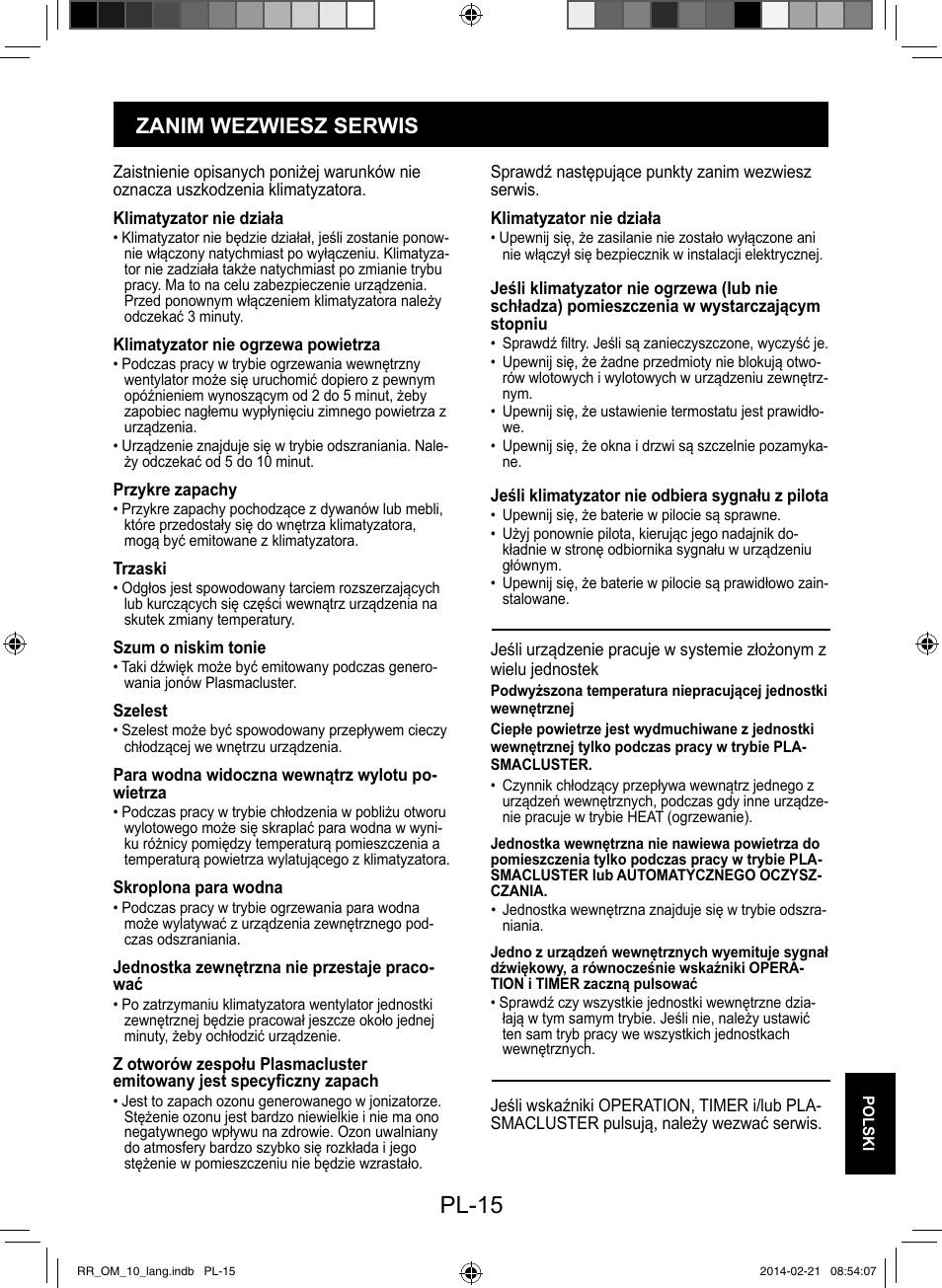 Pl-15, Zanim wezwiesz serwis | Sharp AY-XPC12RR-AE-X12RR User Manual | Page 161 / 164