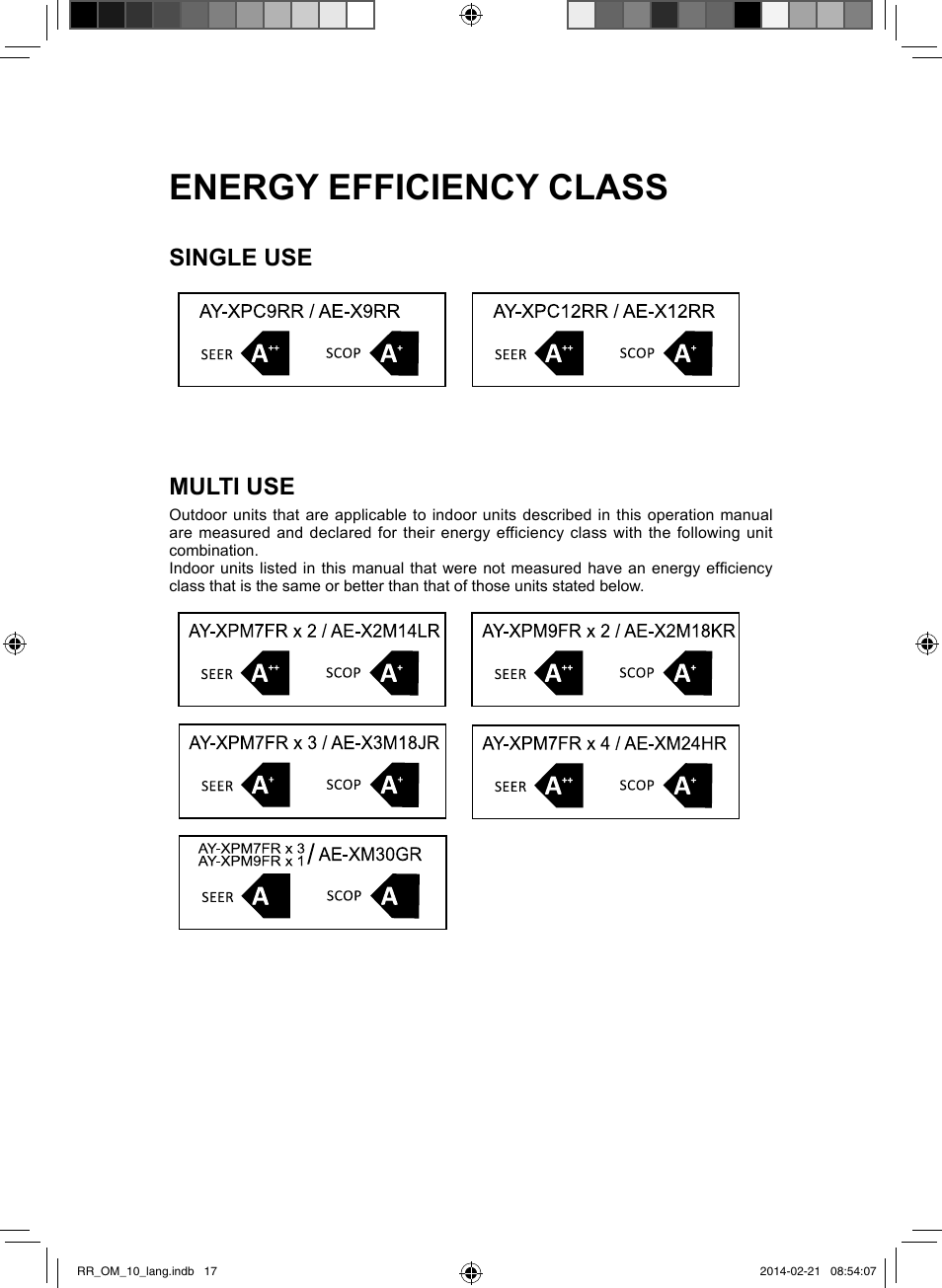 Energy efficiency class, Single use multi use | Sharp AY-XPC12RR-AE-X12RR User Manual | Page 163 / 164